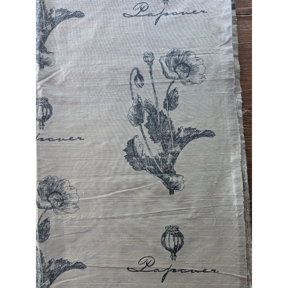 VINTAGE Raw Silk Fabric 4 Yards Deep Blue French Poppies on Pale Oyster Gorgeous
